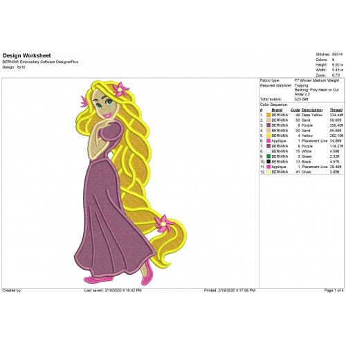 Rapunzel Disney Princess Filled Embroidery Design