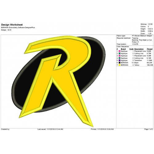 Robin Hero Logo Applique Design