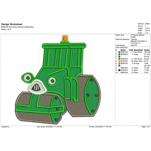 Roley Bob The Builder Filled Stitch Embroidery Design