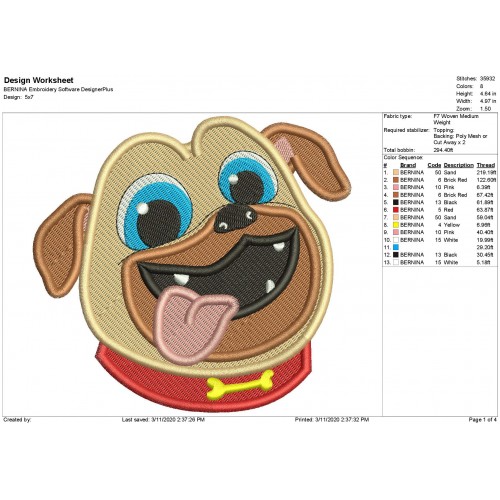 Rolly Face Puppy Dog Pals Filled Embroidery Design