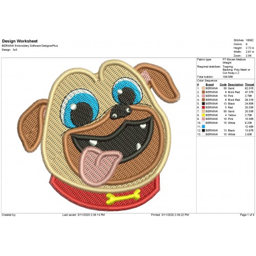 Rolly Face Puppy Dog Pals Filled Embroidery Design