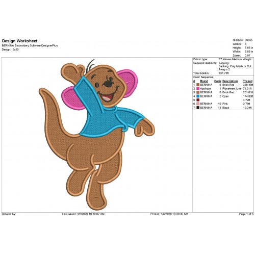 Roo Winnie the Pooh Fill Stitch Embroidery Design