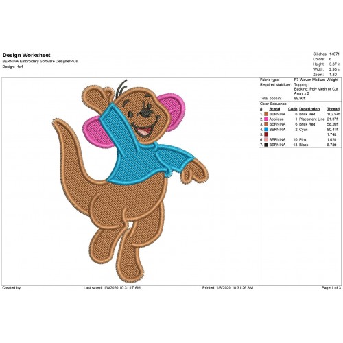Roo Winnie the Pooh Fill Stitch Embroidery Design