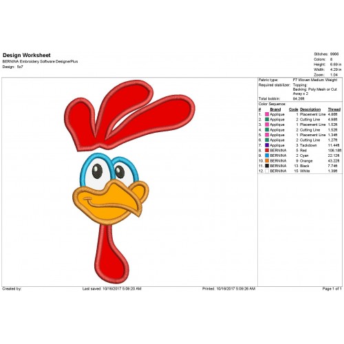 Rooster Face Applique Design