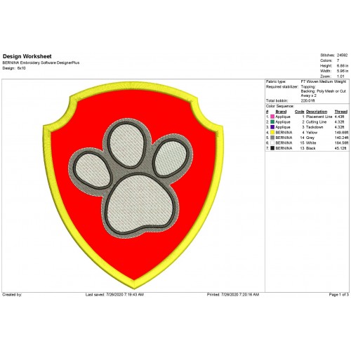 Ryder Logo Paw Patrol Applique Design