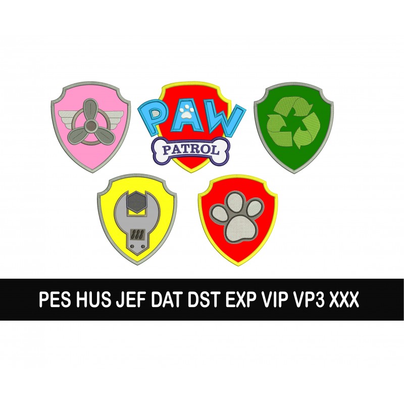 SET of 5 Paw Patrol Badges Applique Designs