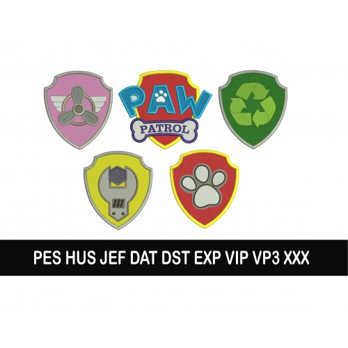 SET of 5 Paw Patrol Badges Fill Stitch Embroidery Design