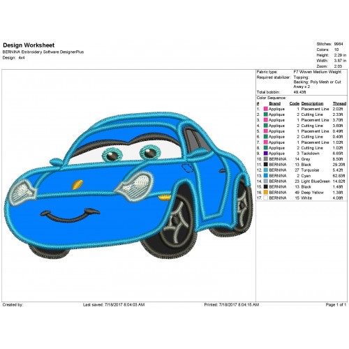 Sally Disney Cars Applique Design