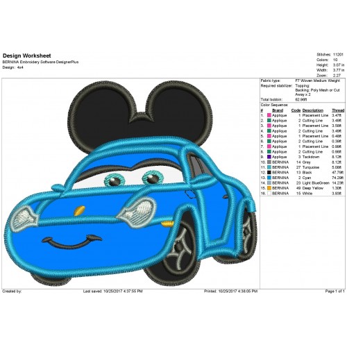 Sally Disney Cars Mickey Ears Applique Design