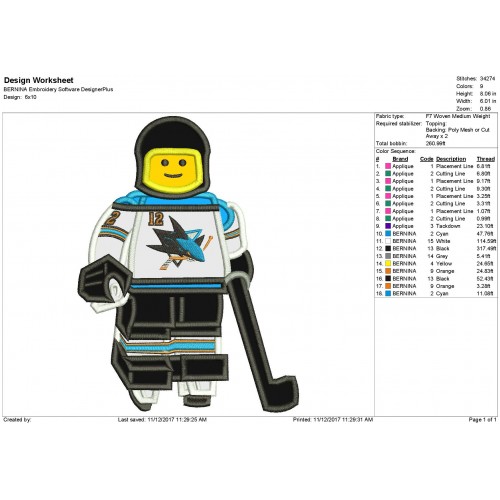 San Jose Sharks Lego Applique Design