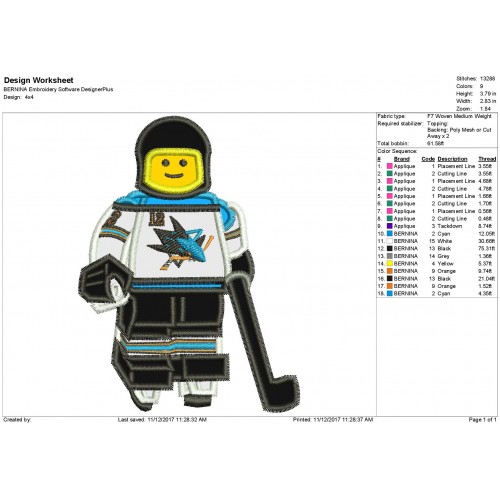 San Jose Sharks Lego Applique Design