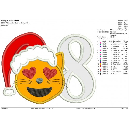 Santa Emoji Cat with Number 8 Applique Design