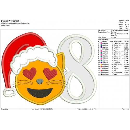 Santa Emoji Cat with Number 8 Applique Design