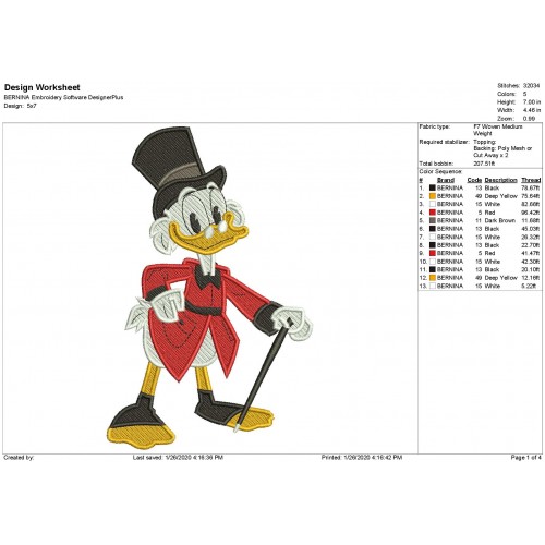 Scrooge McDuck Filled Stitch Embroidery Design