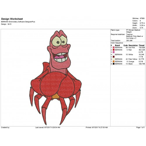 Sebastian The Little Mermaid Crab Embroidery Design