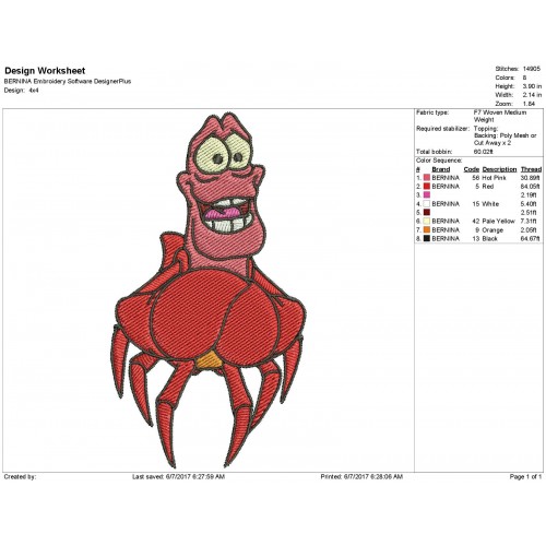 Sebastian The Little Mermaid Crab Embroidery Design