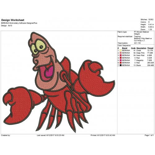 Sebastian The Little Mermaid Embroidery Design