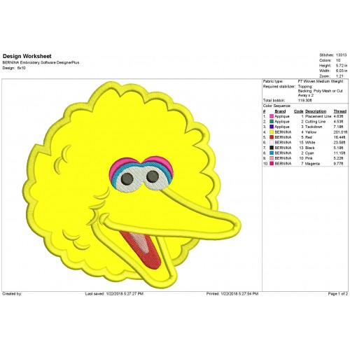 Sesame Street Big Bird Applique Design