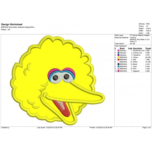 Sesame Street Big Bird Applique Design