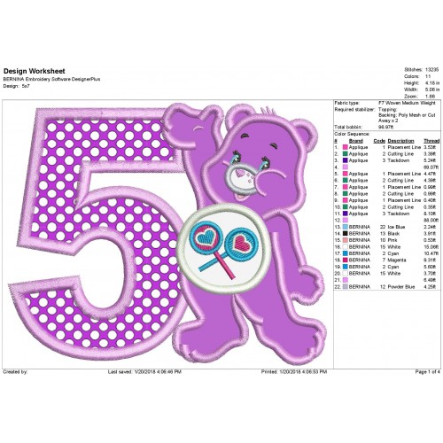 Share Bear Care Bears 5th Birthday Applique Design