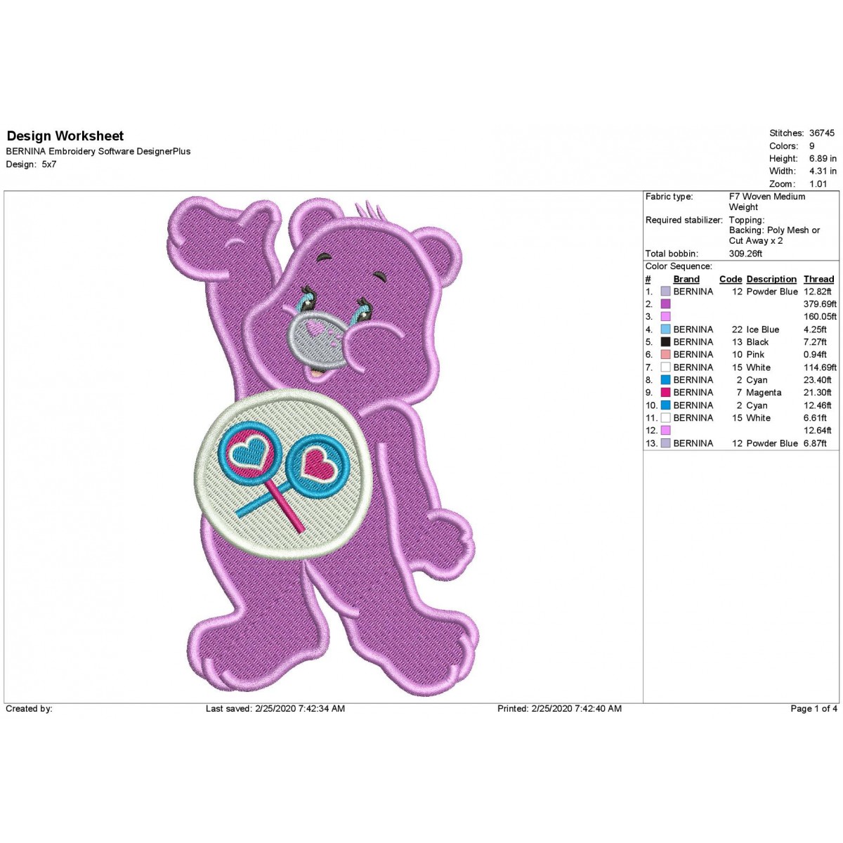 Cheer Bear Care Bears Fill Embroidery Design