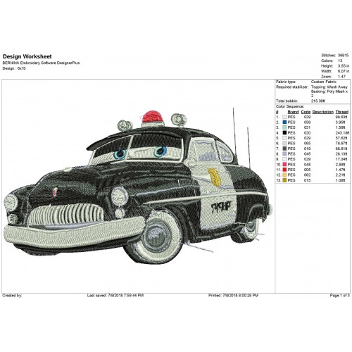 Sheriff Car Disney Cars Embroidery Design