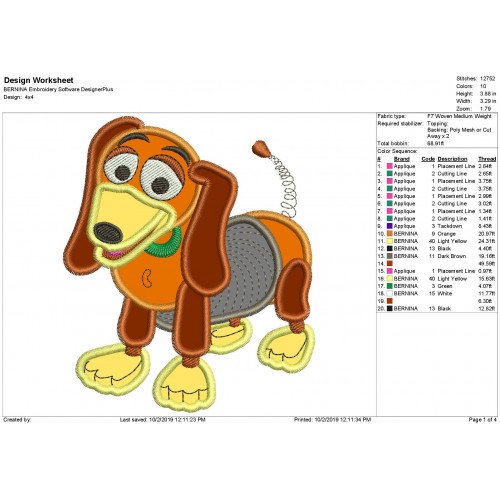 Slinky Dog Toy Story Embroidery Applique Design