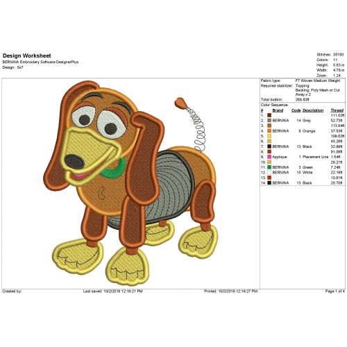 Slinky Dog Toy Story Filled Embroidery Design