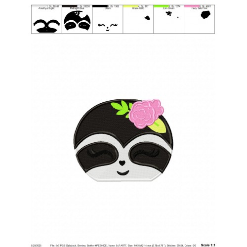 Sloth Face Flowers Embroidery Design Embr
