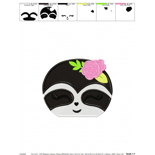 Sloth Face Flowers Embroidery Design Embr