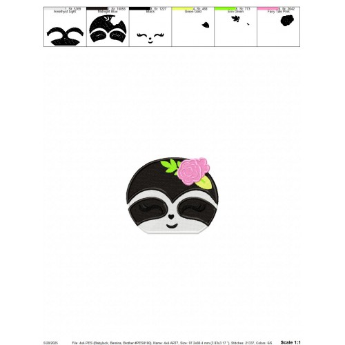 Sloth Face Flowers Embroidery Design Embr