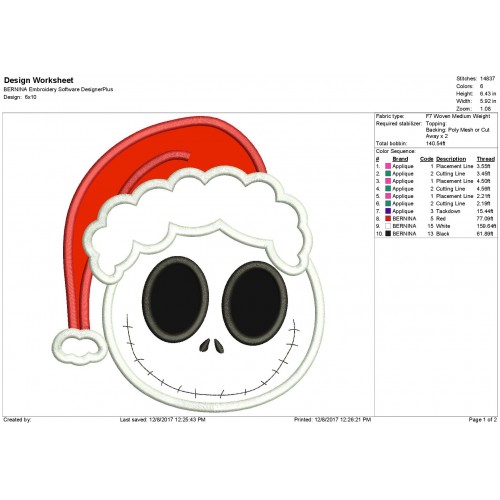 Smiling Face Jack Skellington Christmas Applique Design