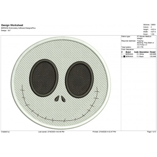 Smiling Face Jack Skellington Filled Embroidery Design