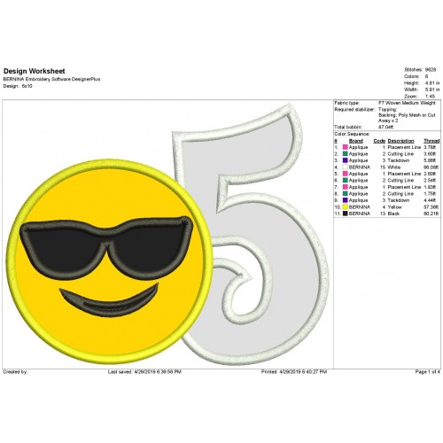 Smiling Face with Sunglasses Emoji Applique Design