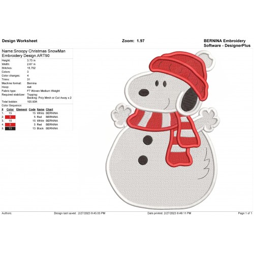 Snoopy Christmas SnowMan Embroidery Design