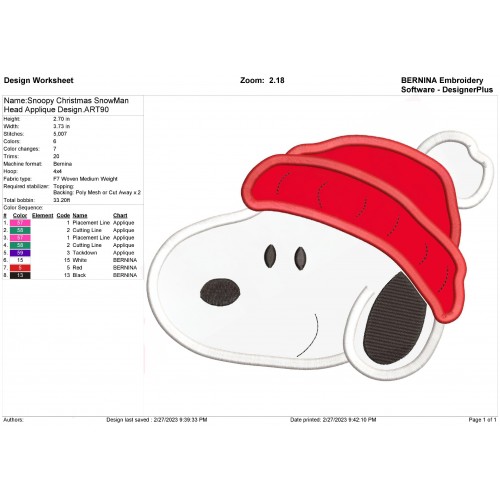 Snoopy Christmas SnowMan Head Applique Design