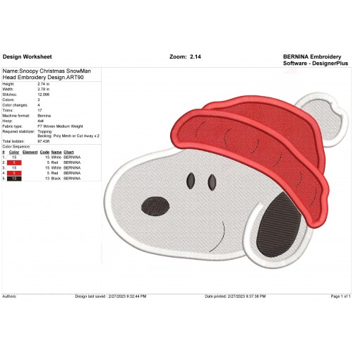 Snoopy Christmas SnowMan Head Embroidery Design