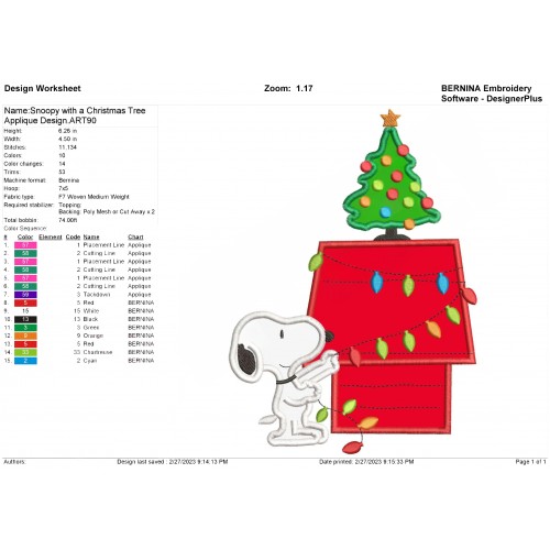 Snoopy with a Christmas Tree Applique Design