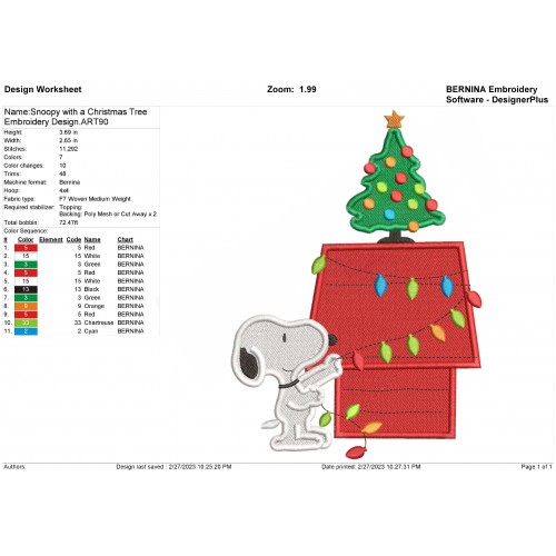 Snoopy with a Christmas Tree Embroidery Design