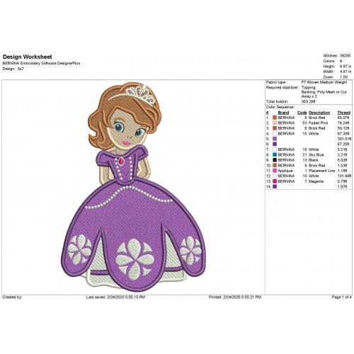 Sofia the First Filled Stitch Embroidery Design