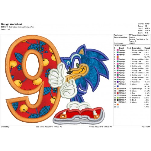 Sonic 9th Birthday Applique Design