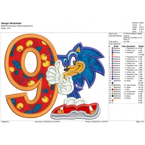 Sonic 9th Birthday Applique Design