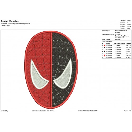 SpiderMan Venom Face Filling Stitch Embroidery Design