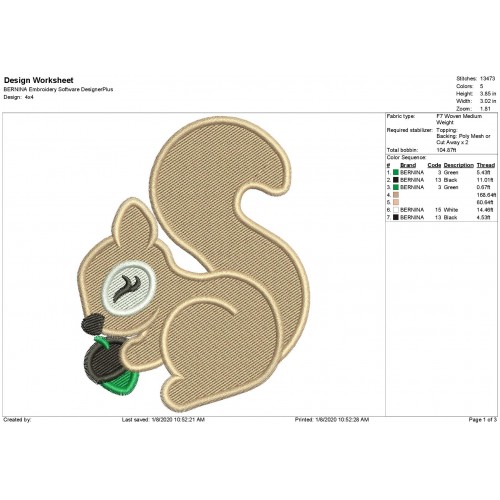 Squirrel Fill Stitch Embroidery Design