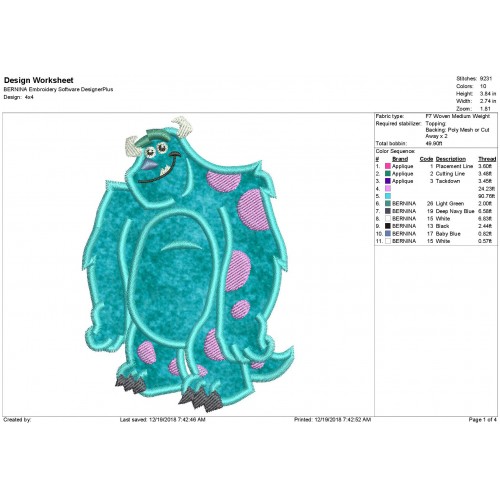 Sulley Monsters Inc Embroidery Machine Applique Design