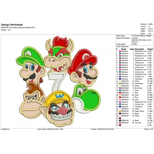 Super Mario 7 Applique Design Mario Luigi Donkey Kong Yoshi Wario Bowser
