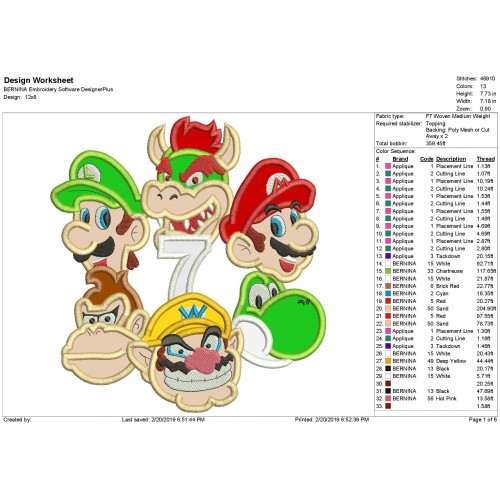 Super Mario 7 Applique Design Mario Luigi Donkey Kong Yoshi Wario Bowser