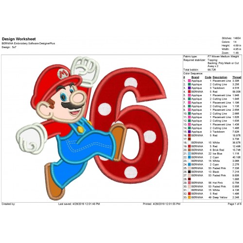 Super Mario Number 6 Applique Design Mario Applique