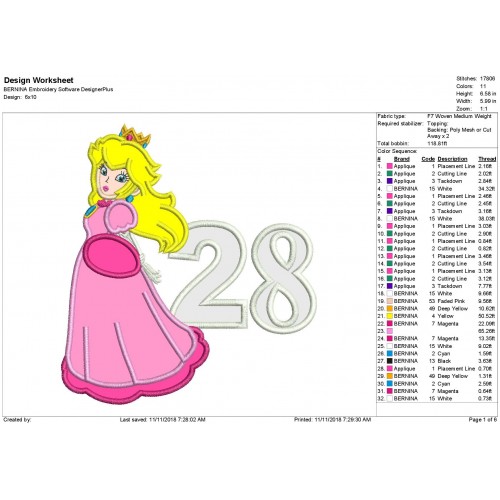Super Mario Princess Peach with 28 Number Applique Design