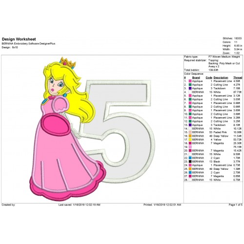 Super Mario Princess Peach with 5 Number Applique Design